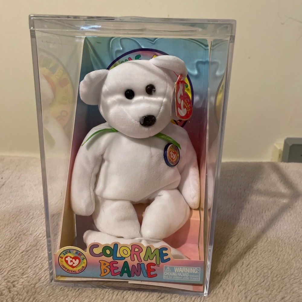 TY Beanie Baby Color Me BeanieTeddy Bear  Sealed NEW with green ribbon.